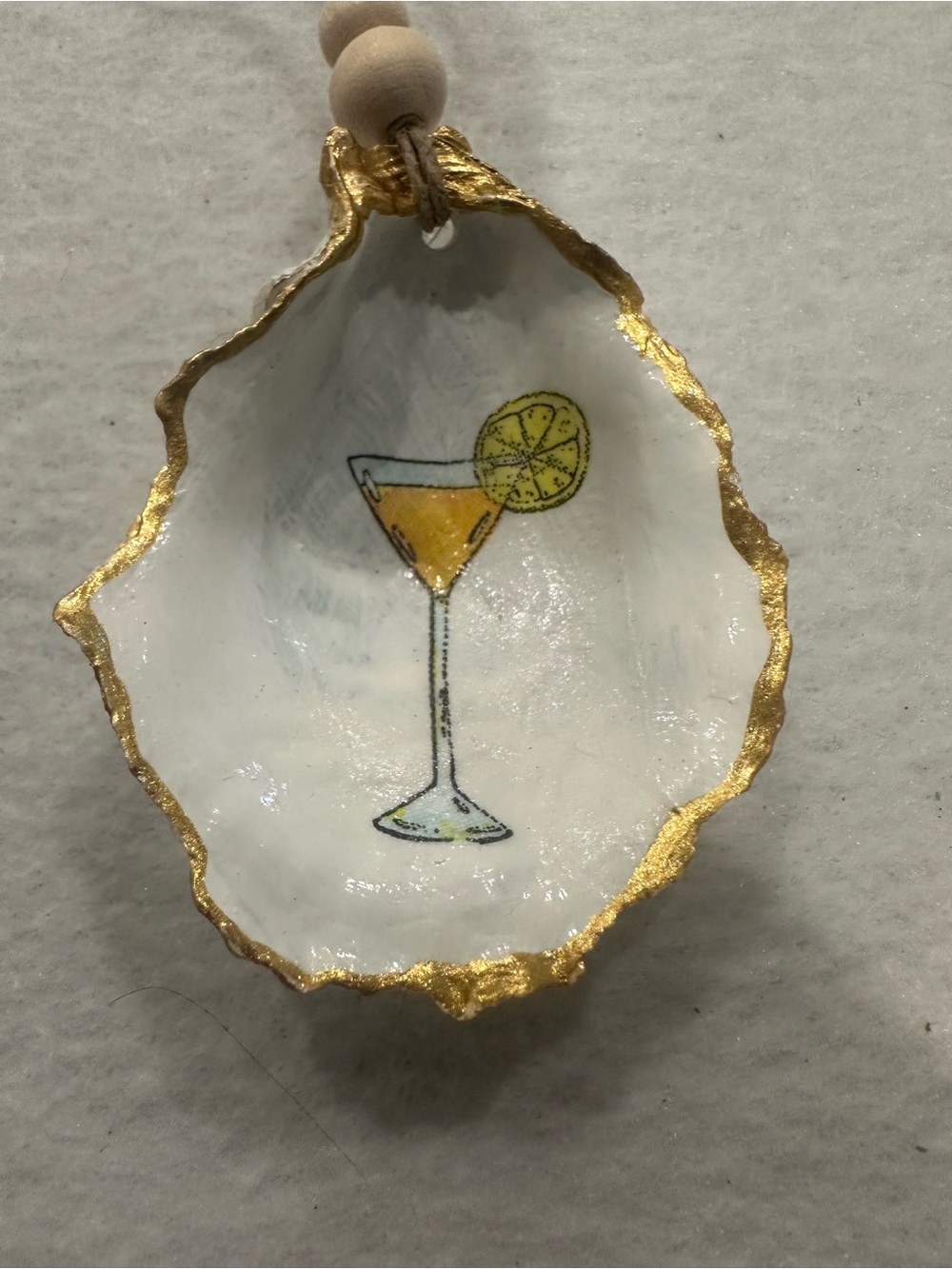 Hand-Painted Oyster Shell ornament martini design with Gold Rim - White and Gold